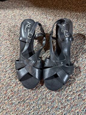 A2 By Aerosoles Black Leather Strappy Slingback Sandals